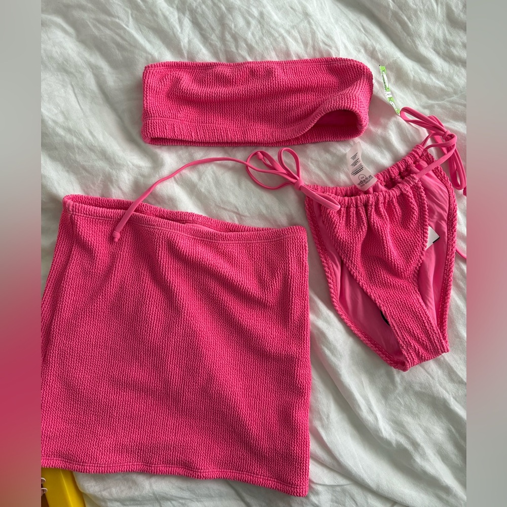 Good American Pink Bikini Set with cover up skirt